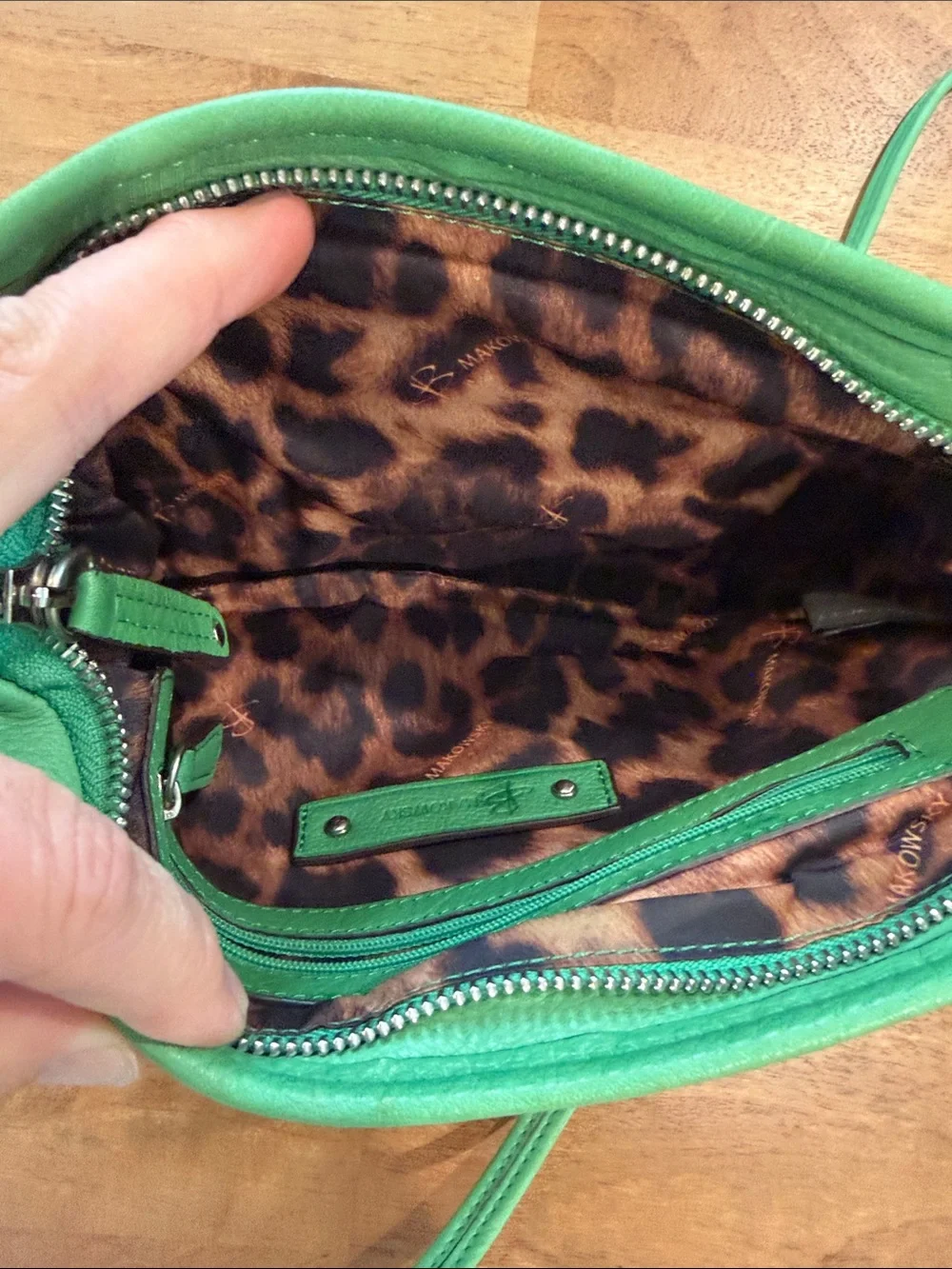 b. makowsky Green Leather Crossbody Bag with Silver Studs
